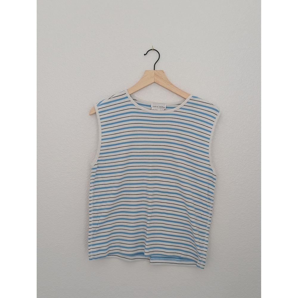 Vintage Debra DeRoo Striped Sleeveless Cotton Top Blue White Black Large RN94133